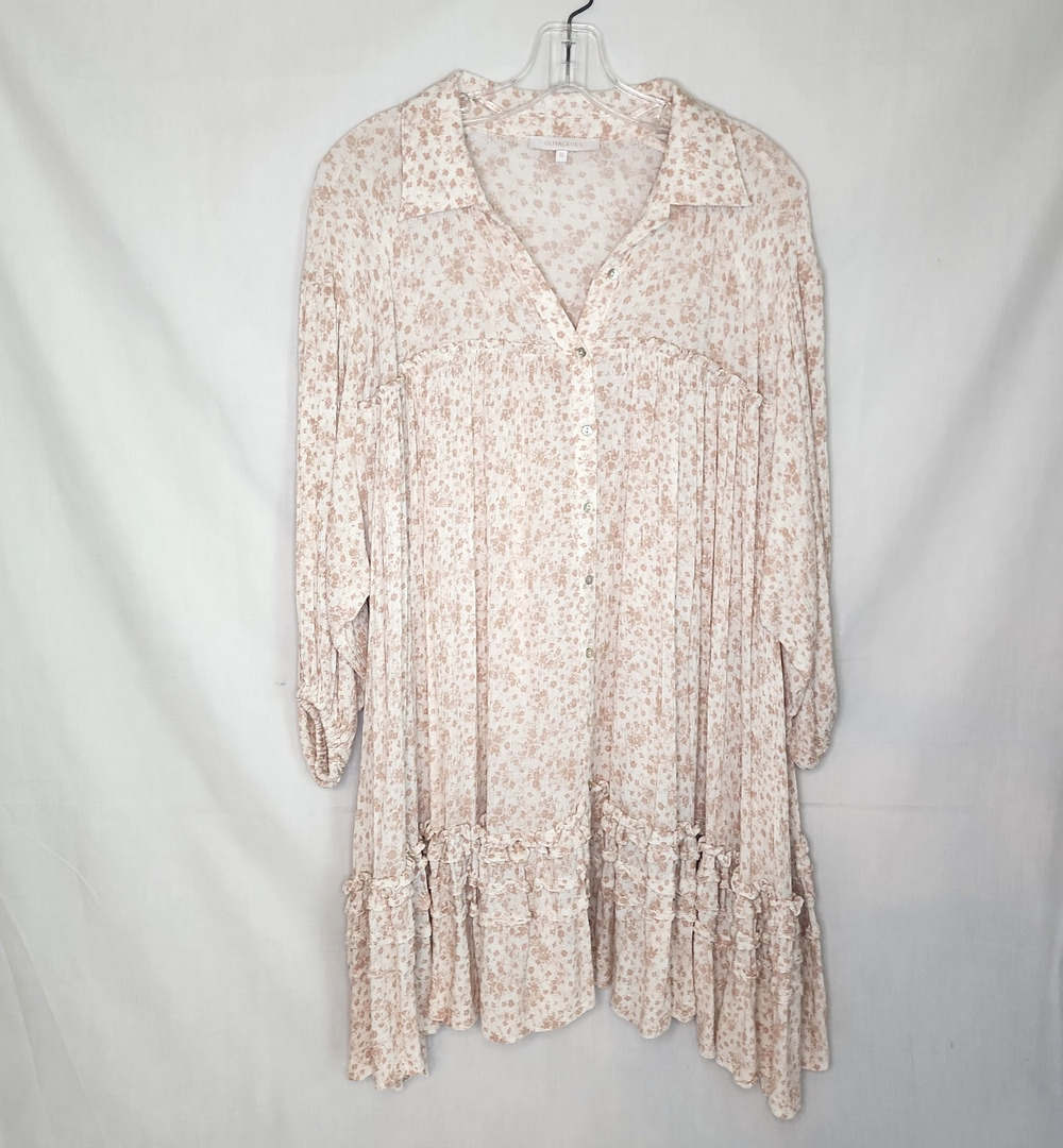 Olivaceous M Peasant Mini‎ Dress Oversized Floral Beige Cottagecore Boho Flowy